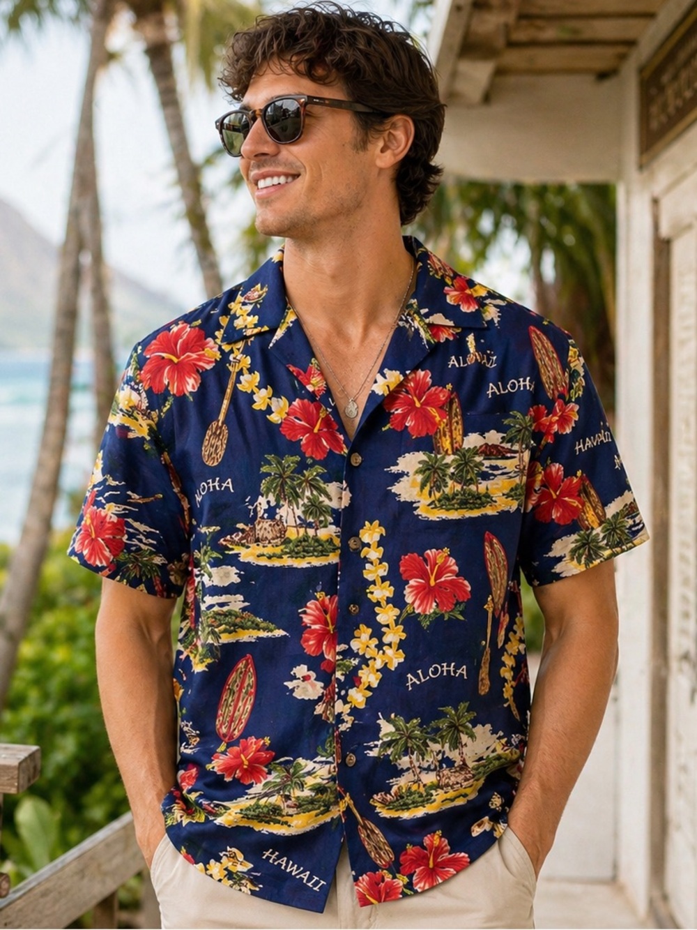 Navy Blue Floral Hawaiian Button-Down Shirt